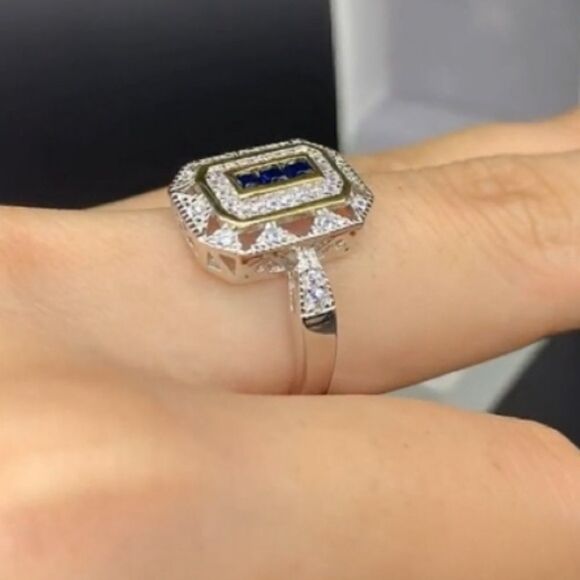 Vintage Rings for Women Gemstone Ring 925 Sterling Silver Blue Sapphire Princess - Picture 6 of 8